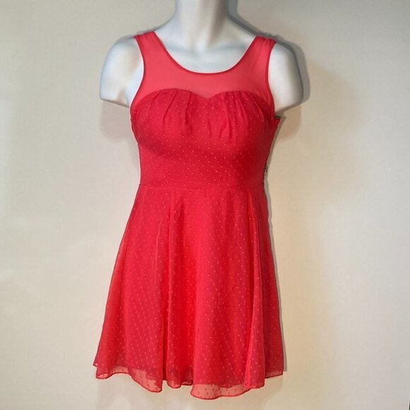 Express SZ 8 Coral Red Skater style swiss dot & sheer mixed media dress - Picture 1 of 8